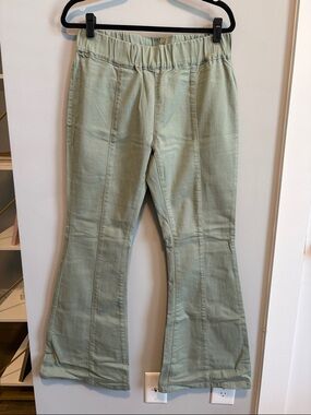 Women's Sage Green Flare Jeans - Wide Leg with Elastic Waistband